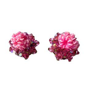 Darling Sculptural Pink Cluster Clip on Earrings Sparkling Crystal Beads Vintage
